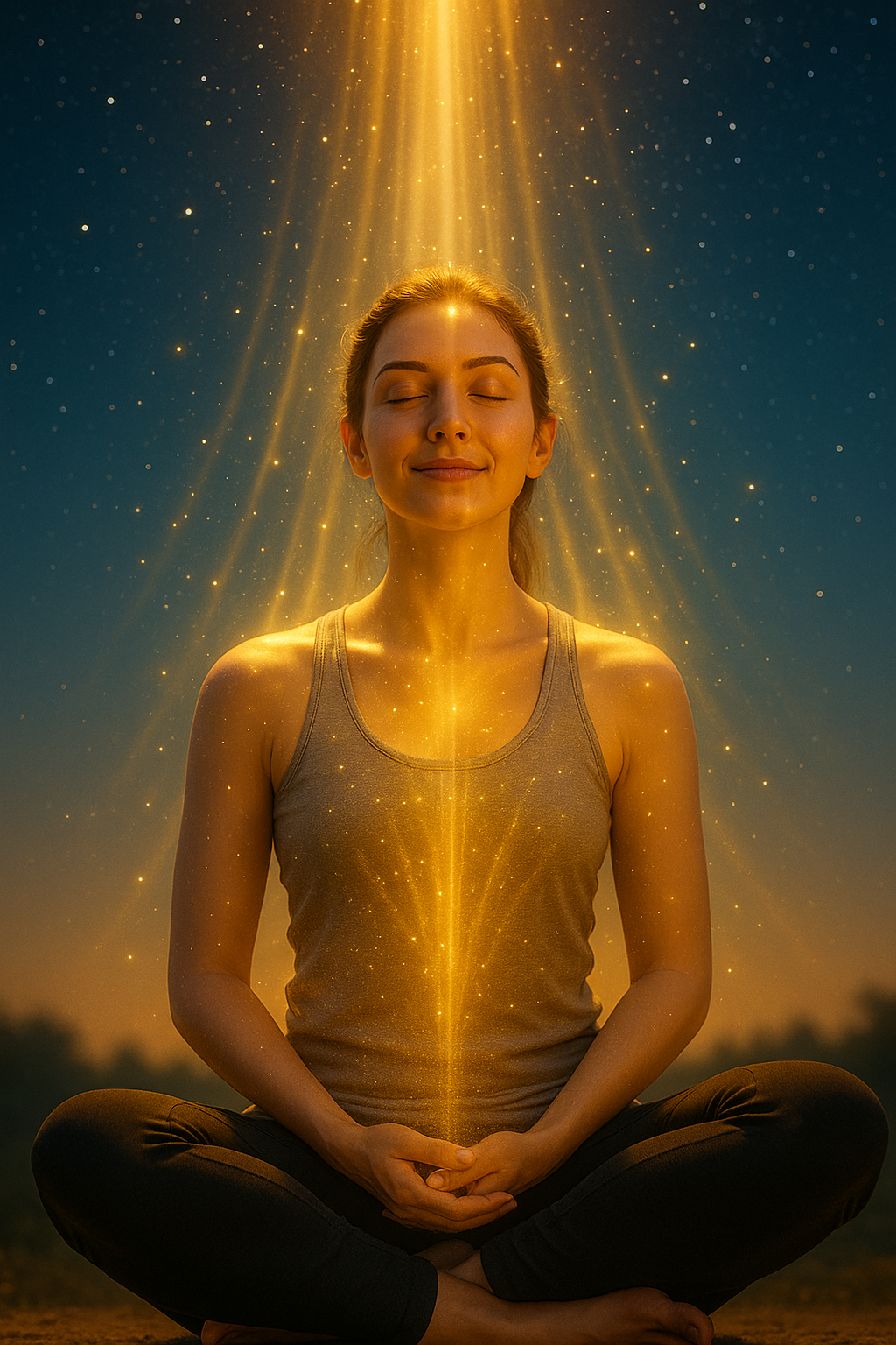 Pessoa meditando em posição de lótus com feixes de luz dourada envolvendo o corpo, simbolizando conexão com o universo.