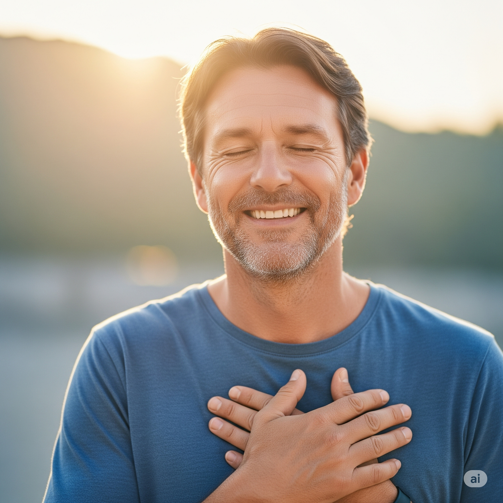 Pessoa sorrindo, com olhos fechados e mãos no coração, transmitindo alívio e libertação.