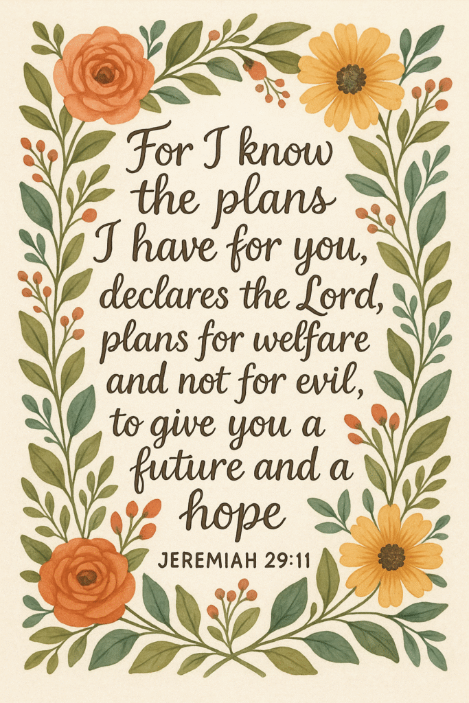 Versículo bíblico Jeremias 29:11 em design decorativo com elementos florais, transmitindo esperança e fé cristã