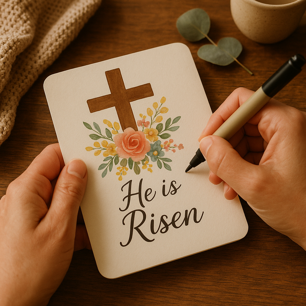 Mãos escrevendo mensagem cristã de esperança em cartão decorativo com cruz e flores, ambiente acolhedor
