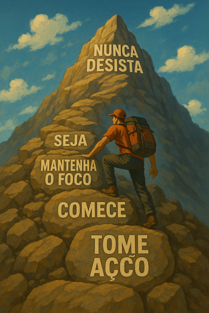 Pessoa escalando montanha com frases de vitória para momentos de provação gravadas nas pedras simbolizando superação de desafios