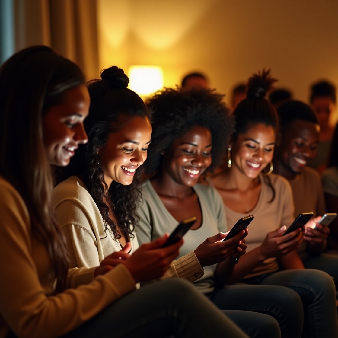 Pessoas compartilhando frases cristãs curtas através de mensagens no celular demonstrando alegria e conexão espiritual