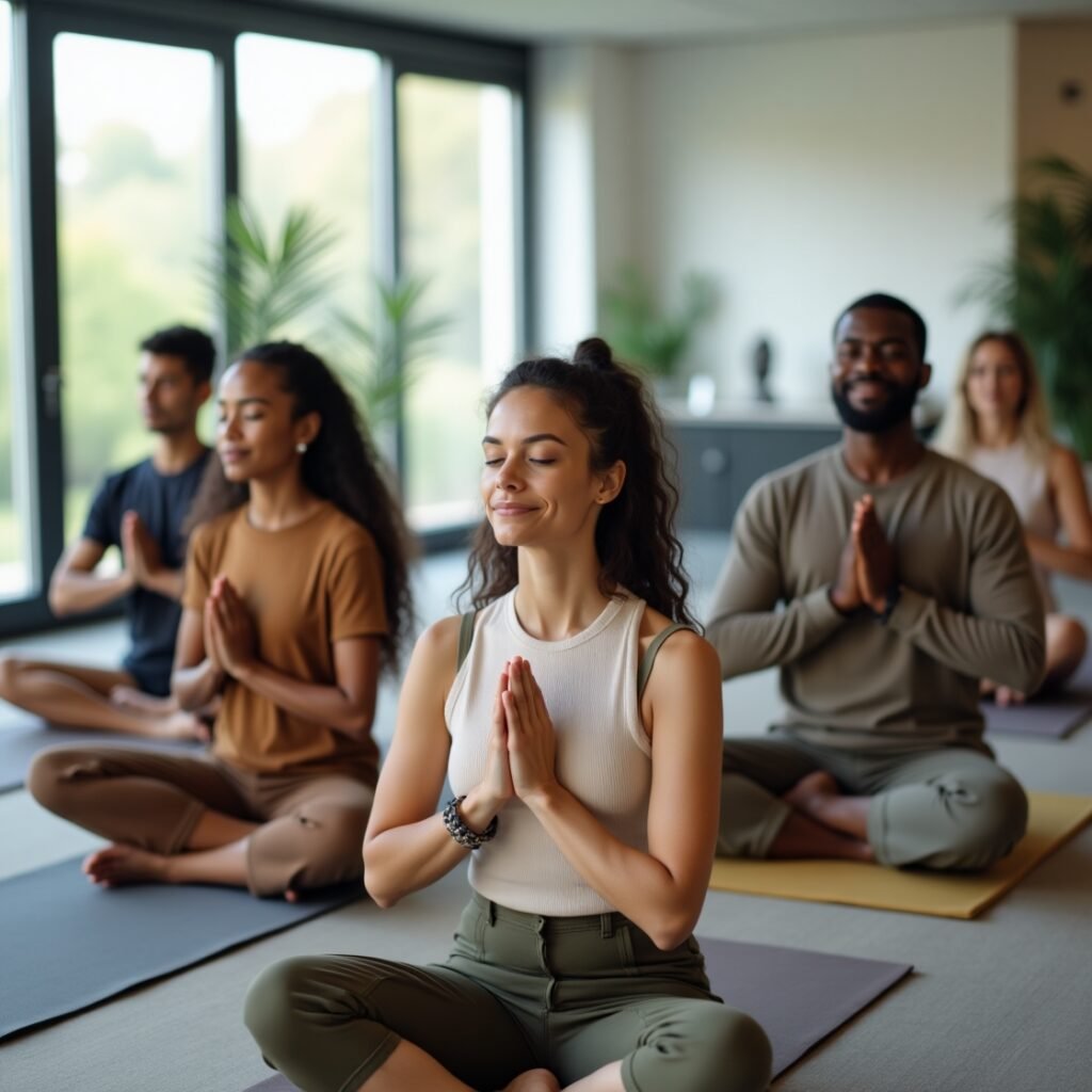 Espiritualidade no trabalho - equipe corporativa praticando mindfulness e bem-estar
