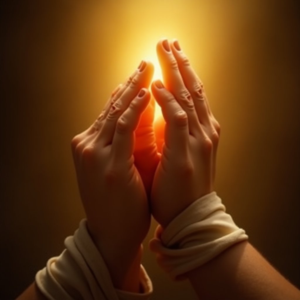 Mãos unidas em oração noturna para dormir em paz com luz divina