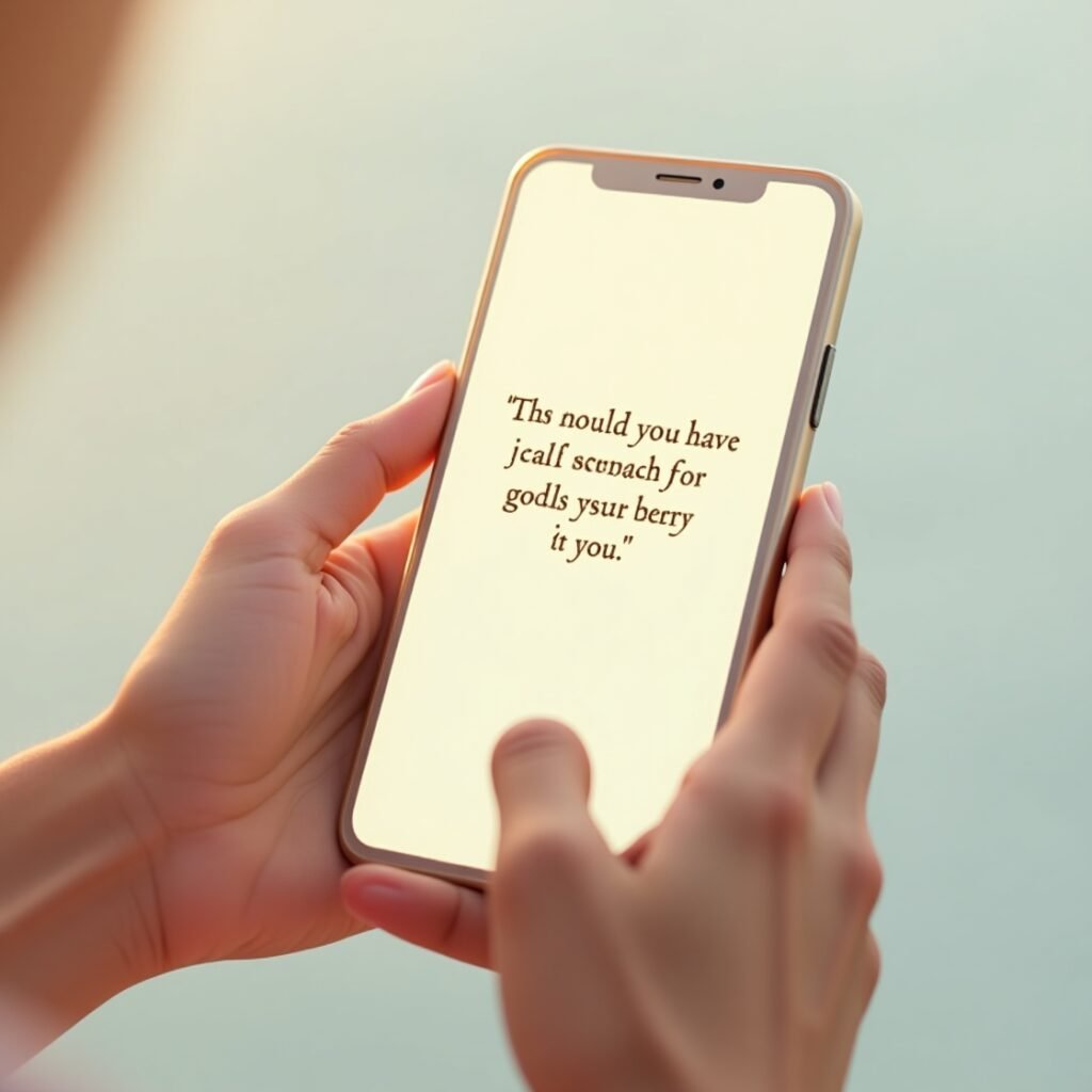 Mãos orando enquanto seguram smartphone com frase cristã curta na tela, simbolizando oração antes de compartilhar