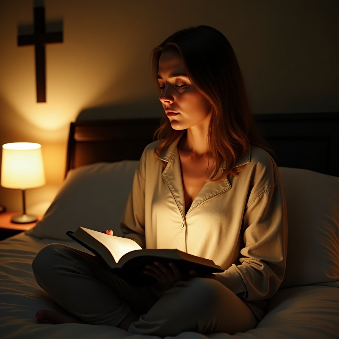 Pessoa praticando reflexão cristã noturna com Bíblia e frases cristãs para meditação antes de dormir Frases Cristãs Para Reflexão Noturna