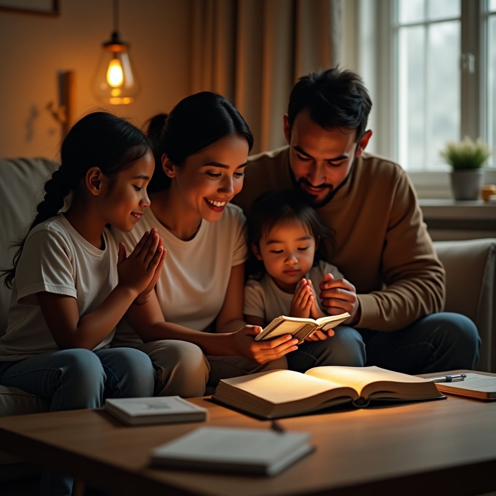 Família cristã compartilhando frases de reflexão cristã sobre a vida em momento devocional