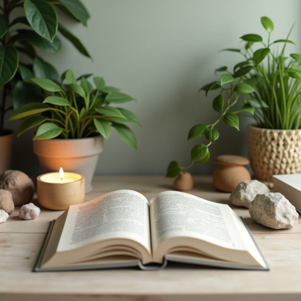 Mesa de escritório organizada com plantas, cristais e elementos naturais mostrando como criar ambiente espiritual no trabalho