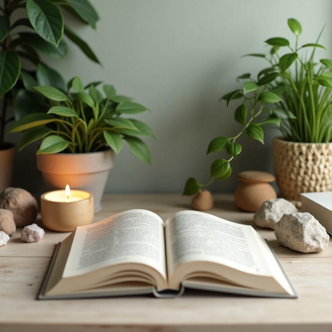 Mesa de escritório organizada com plantas, cristais e elementos naturais mostrando como criar ambiente espiritual no trabalho