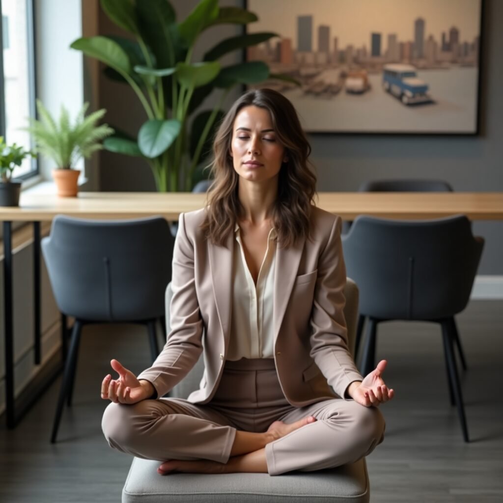 Profissional praticando meditação no ambiente de trabalho para integrar espiritualidade na vida cotidiana