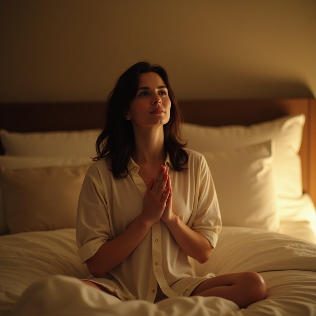 Mulher praticando orações para dormir tranquilo em ambiente relaxante com velas