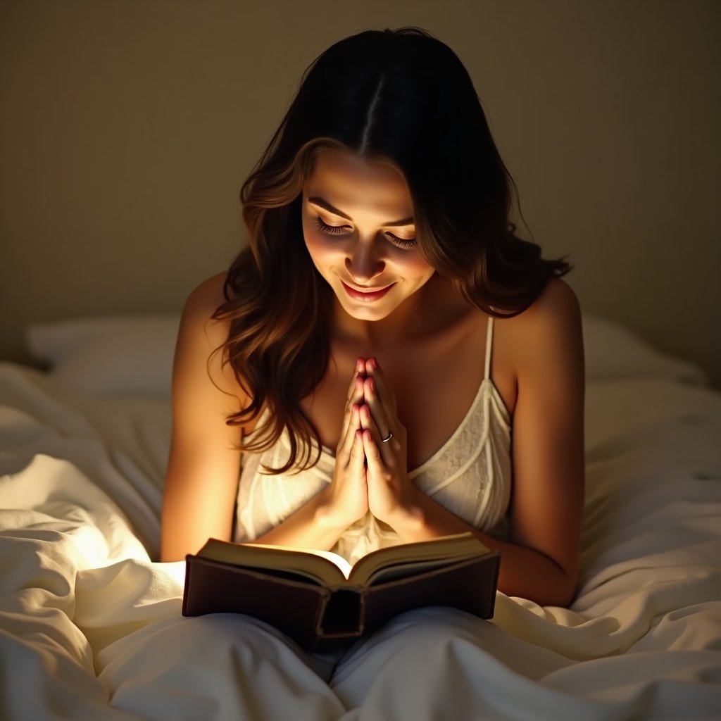 Frases cristãs para terminar o dia em paz - mulher orando com Bíblia