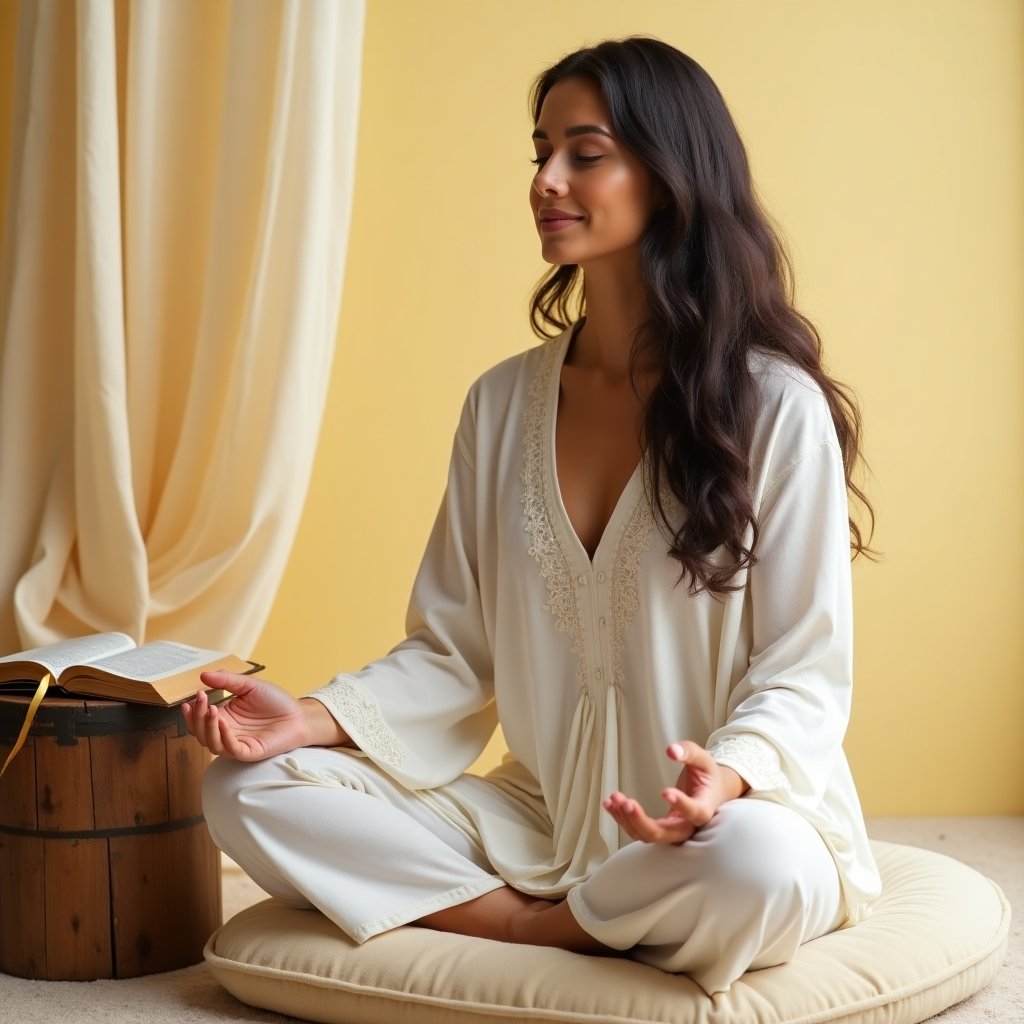 Mulher praticando afirmações para recomeçar com Deus durante meditação matinal