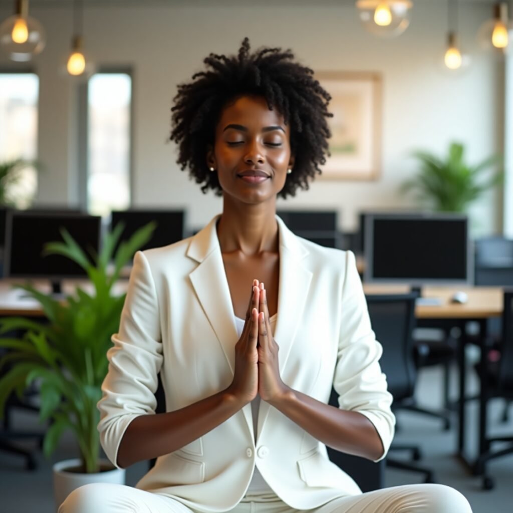 Mulher praticando meditação mindfulness no ambiente de trabalho para integrar espiritualidade na rotina profissional