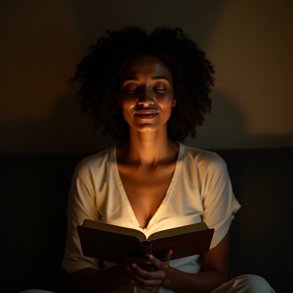 Mulher praticando afirmações bíblicas durante momento de meditação com Bíblia aberta, demonstrando paz interior e transformação espiritual