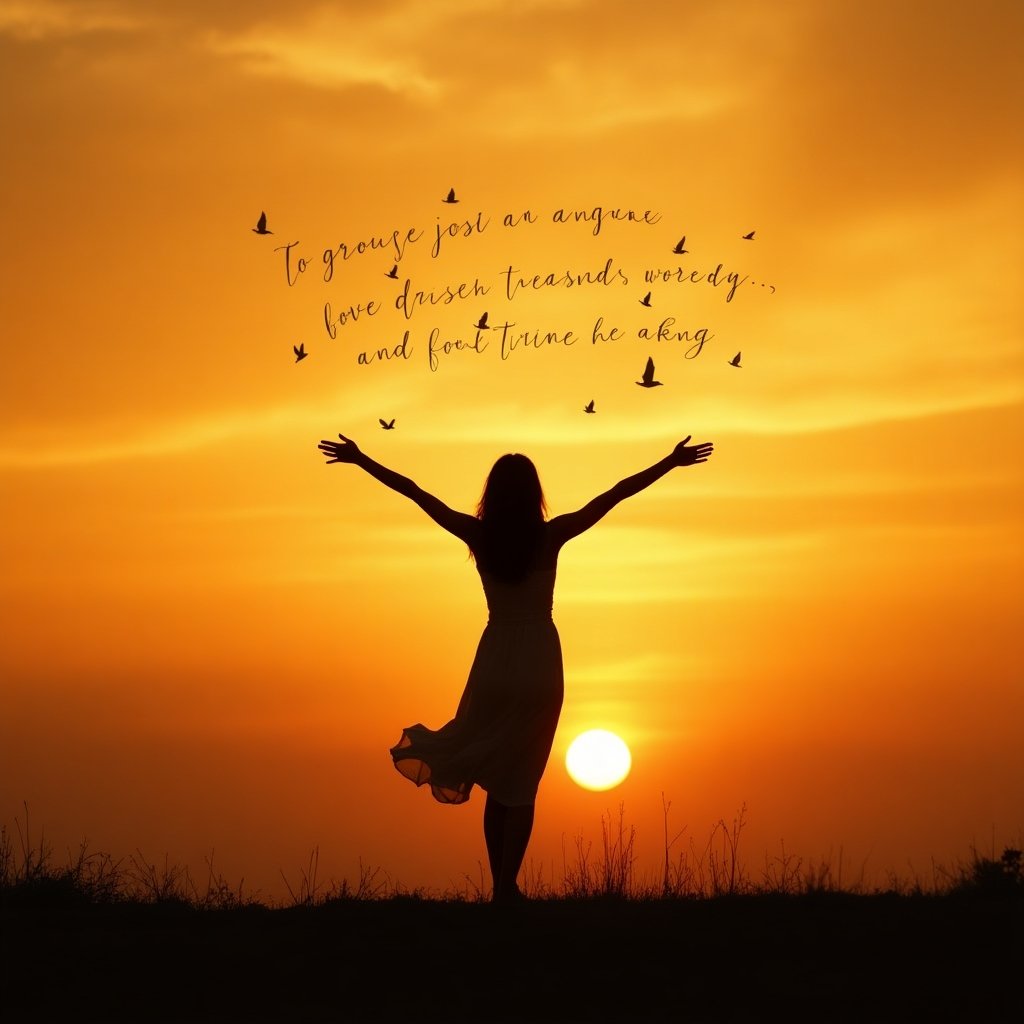Mulher celebrando vitória com frases de vitória para momentos de provação flutuando ao redor em pôr do sol inspirador