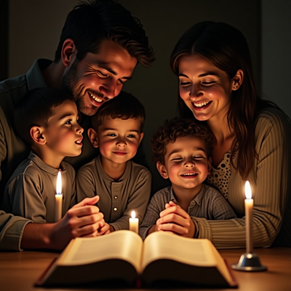 Frases de boa noite com versículos bíblicos ilustradas por uma família reunida em oração noturna com a Bíblia aberta sobre a mesa.