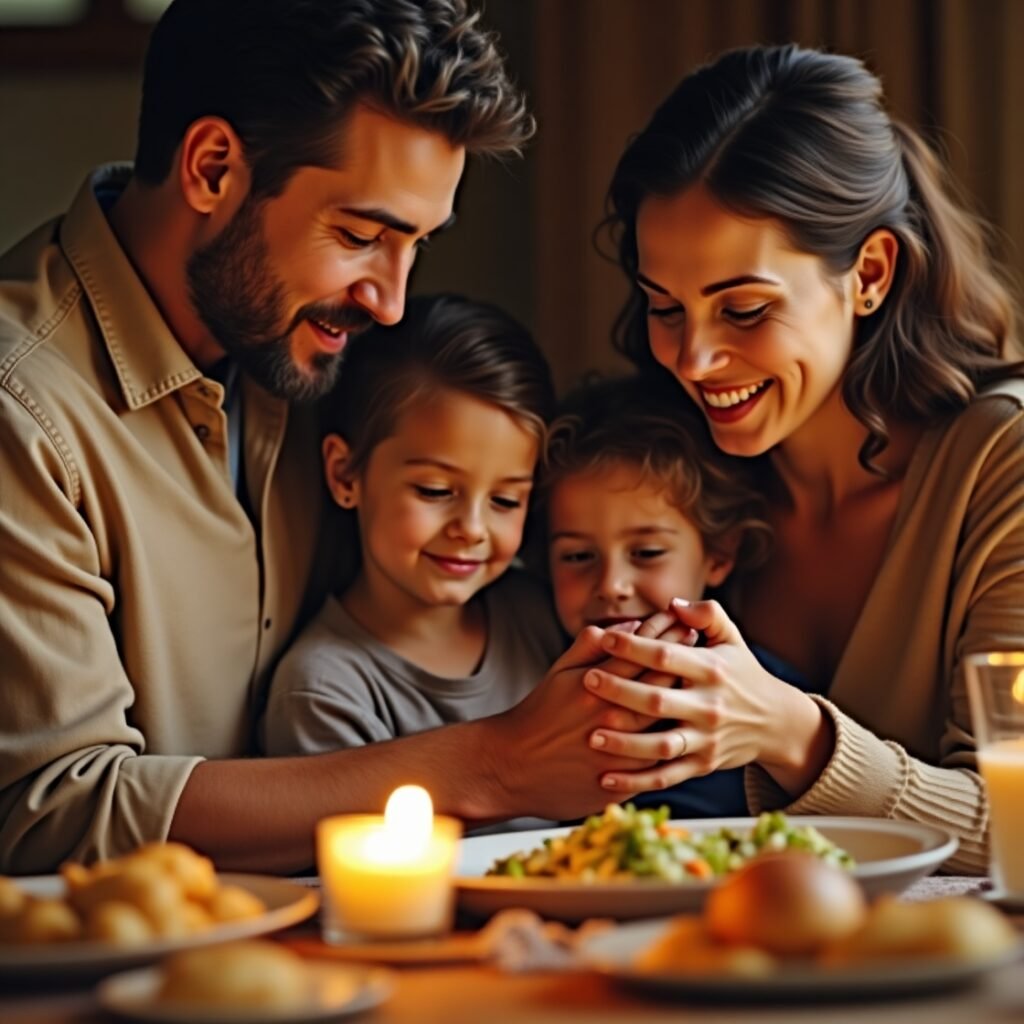 Família cristã de mãos dadas em oração de gratidão antes da refeição, praticando frases bíblicas de gratidão no dia a dia