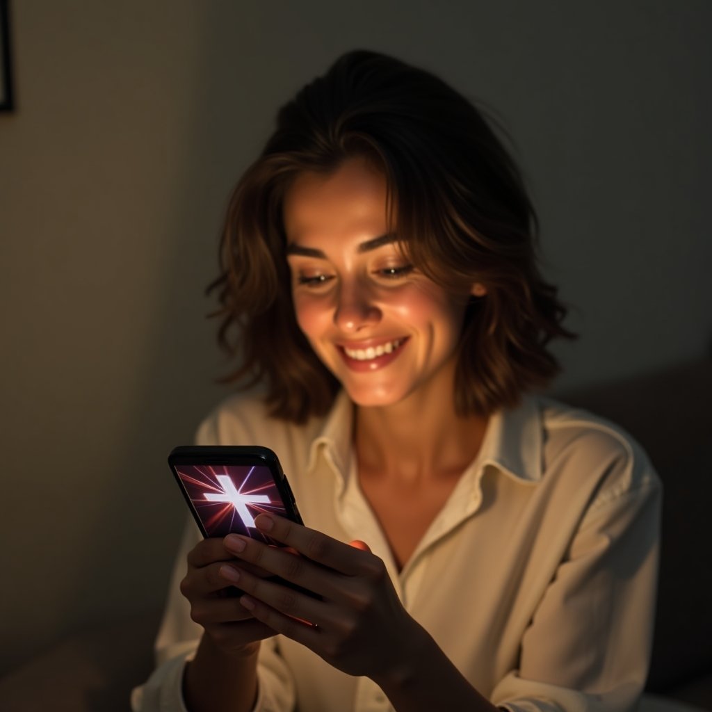 Mulher sorrindo ao ler mensagem cristã de esperança no smartphone, demonstrando paz e tranquilidade Mensagens Cristãs De Esperança Para Alguém Especial