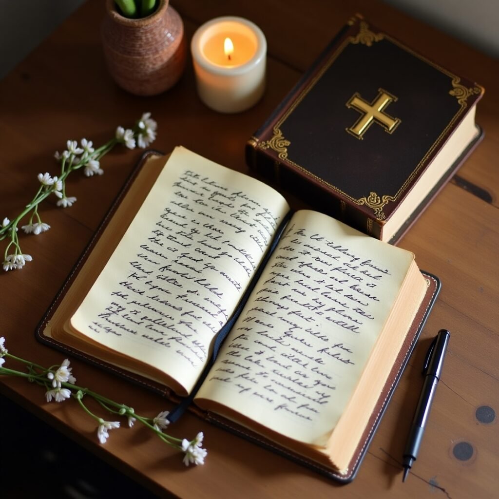 Diário aberto com versículos bíblicos de gratidão escritos à mão, caneta e Bíblia ao lado para prática espiritual diária