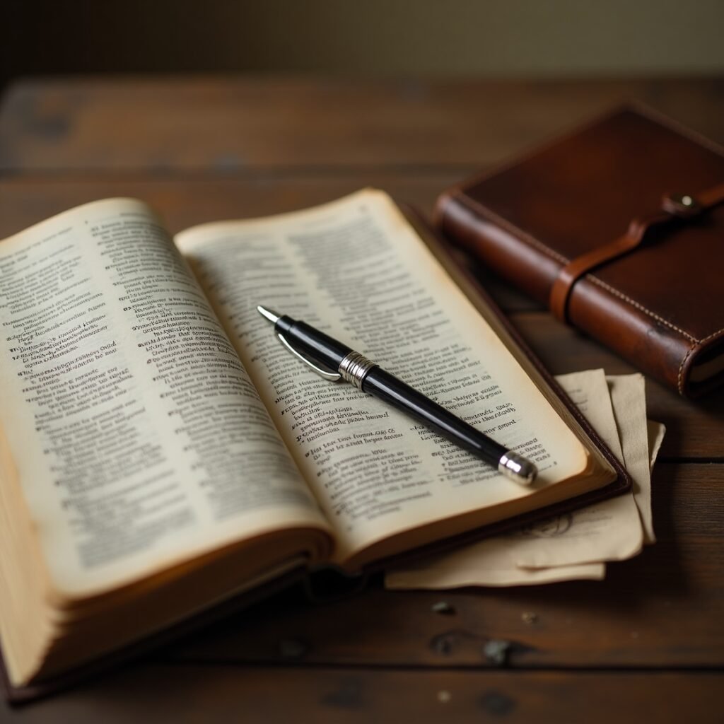Bíblia aberta sobre mesa com caderno e caneta para criar frases cristãs curtas inspiradoras para amigos