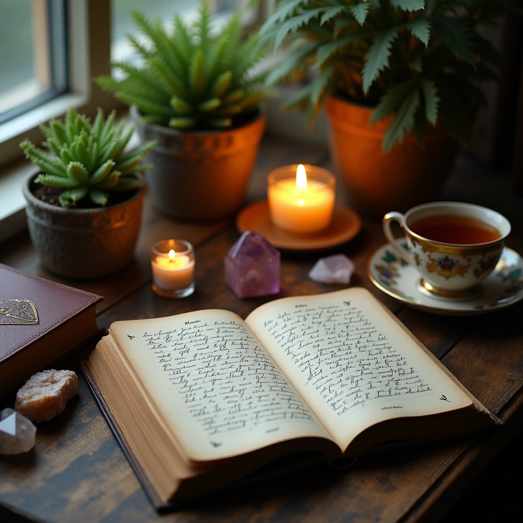 Caderno com frases de vitória para momentos de provação escritas à mão em ambiente meditativo com velas e plantas