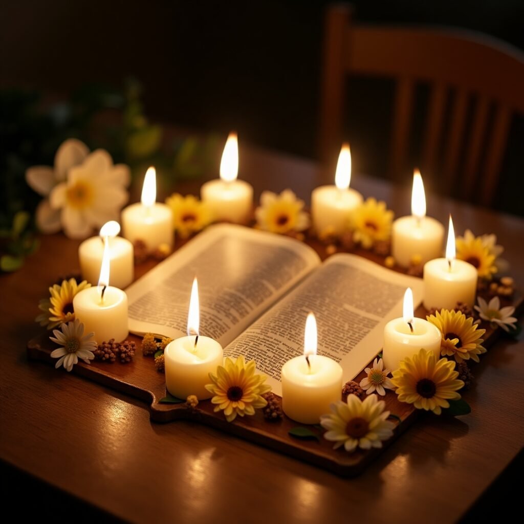 Bíblia aberta mostrando frases de vitória em Cristo com luz divina