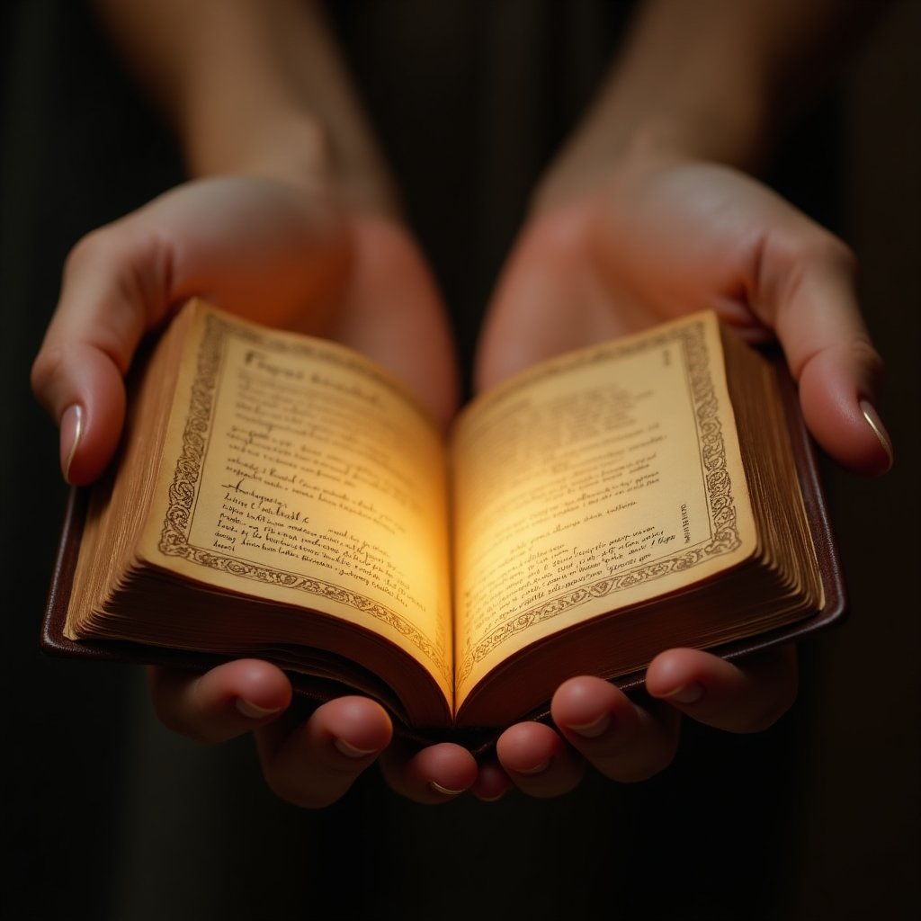 Mãos delicadas segurando livro sagrado com luz dourada, simbolizando sabedoria e frases inspiradoras de fé