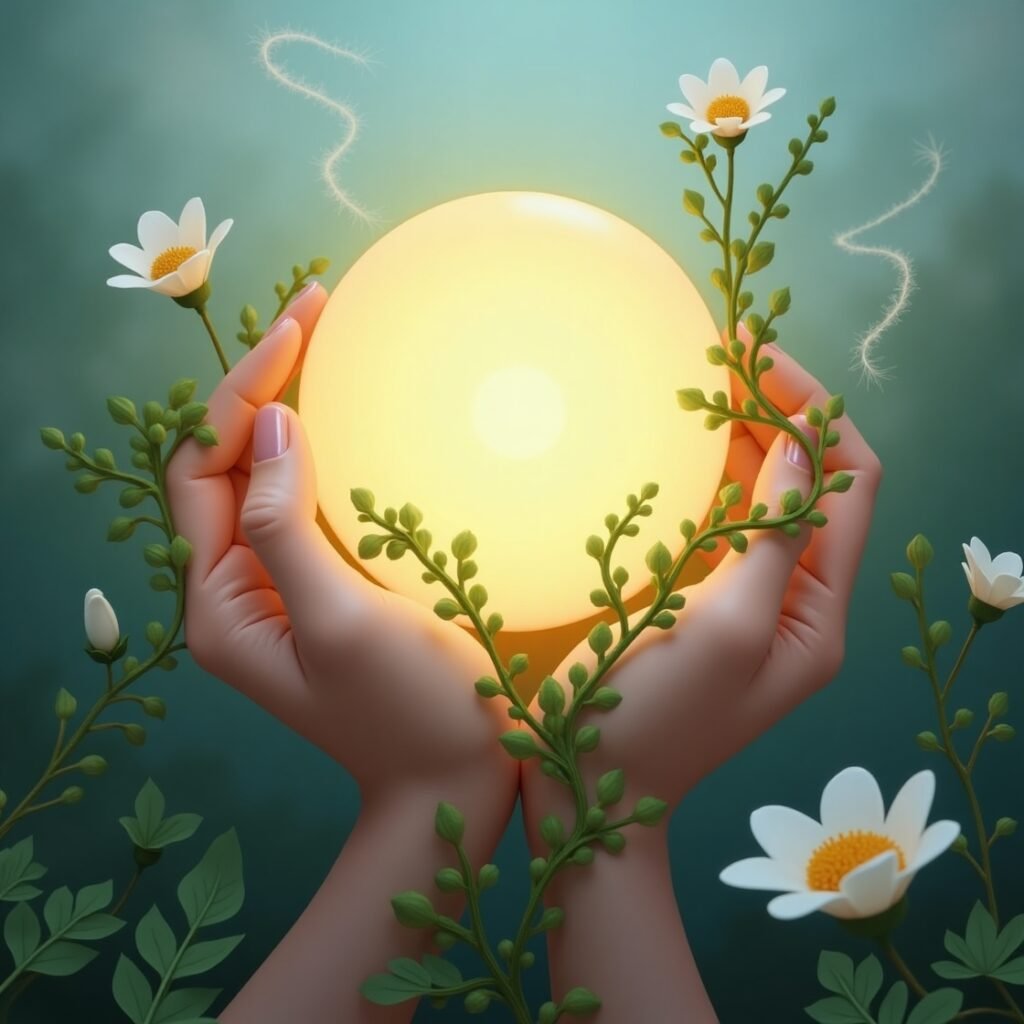 Mãos segurando uma esfera de luz com elementos da natureza ao fundo intenção espiritual