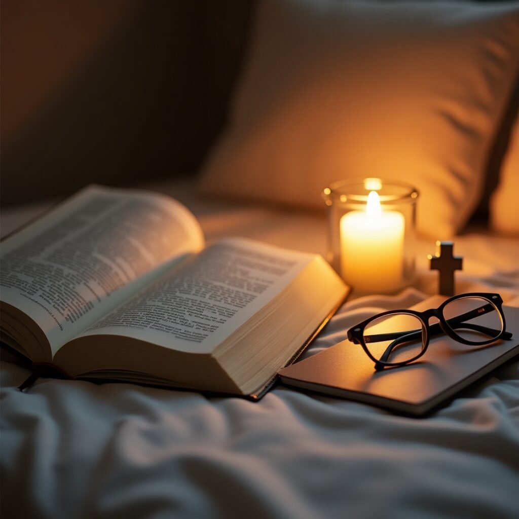 Ambiente preparado para reflexão noturna cristã com frases bíblicas e elementos de paz e serenidade