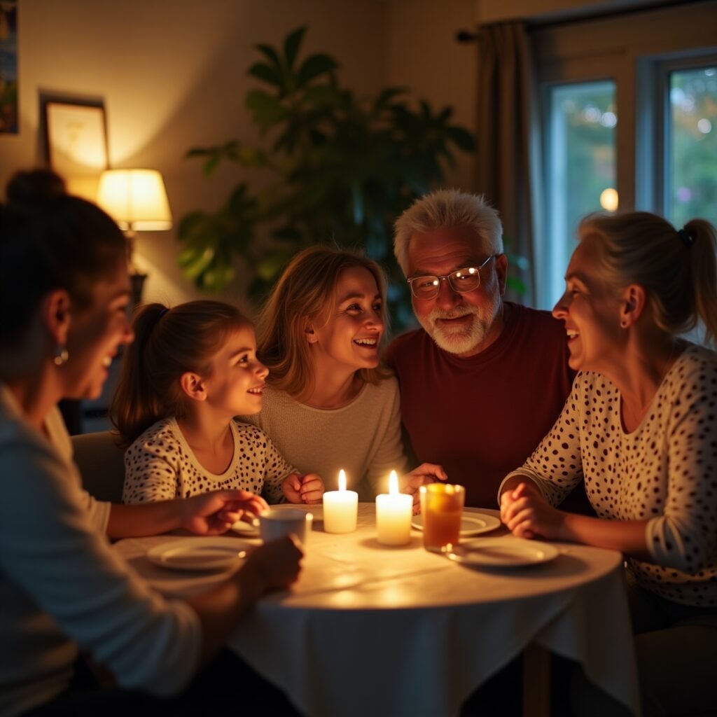 Família praticando afirmações cristãs em círculo de oração e gratidão