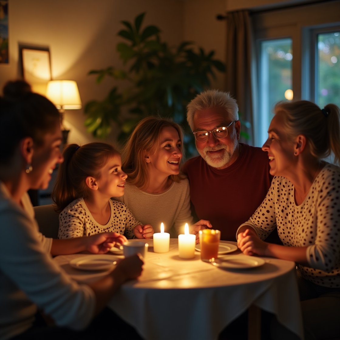 Família praticando afirmações cristãs em círculo de oração e gratidão