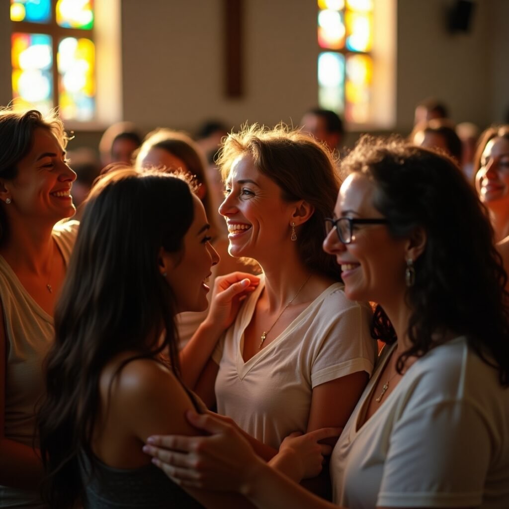 Grupo de mulheres cristãs orando juntas com frases cristãs para dias de provação