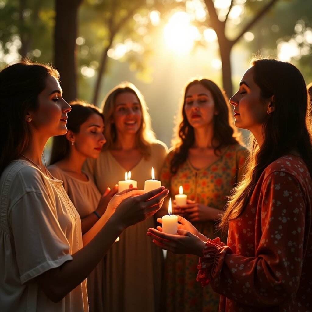 Grupo de amigos cristãos compartilhando frases cristãs curtas de fé em oração comunitária