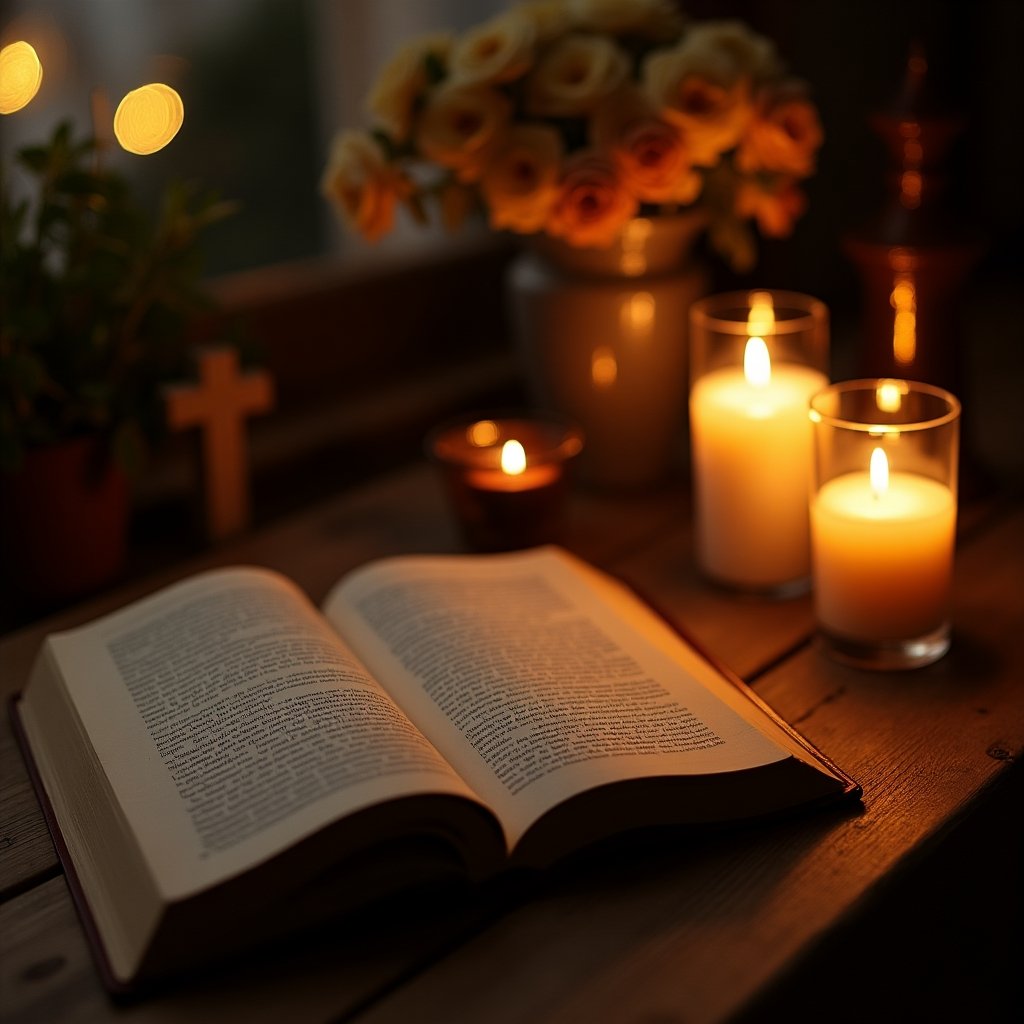 Mesa com Bíblia e frases cristãs curtas para noite de reflexão e oração