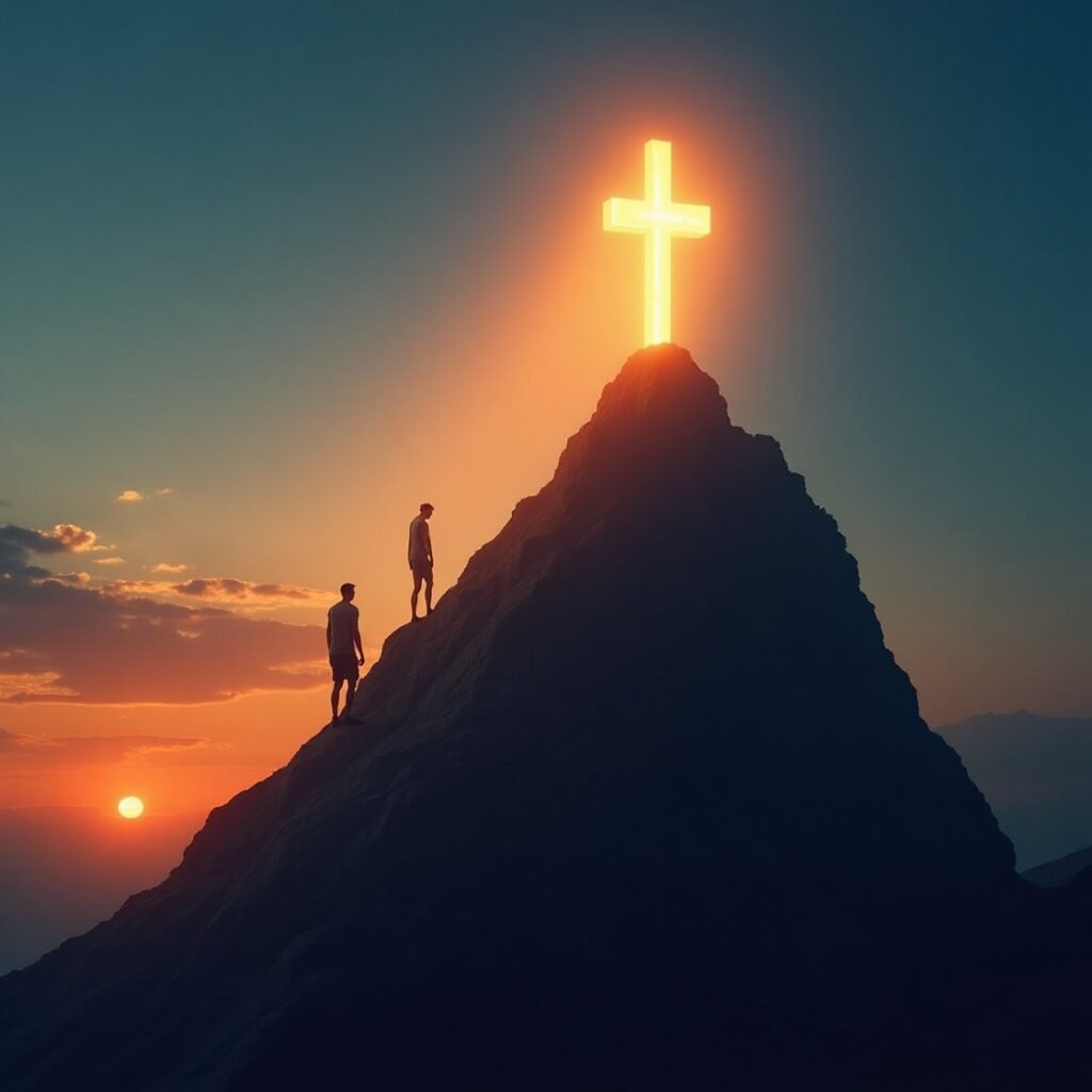 Escalada espiritual rumo à vitória em Cristo no topo da montanha com cruz