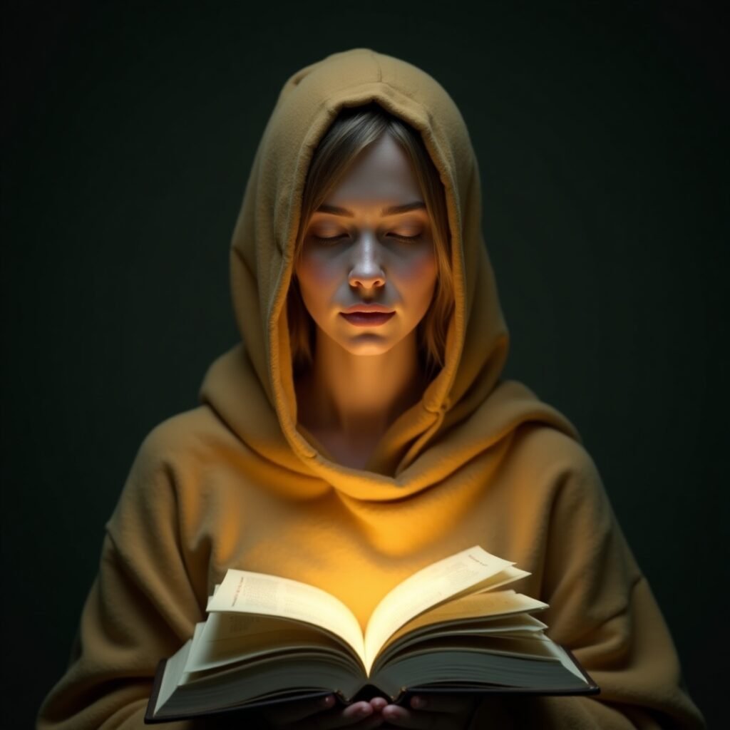 Pessoa meditando com frases bíblicas em ambiente de paz e serenidade