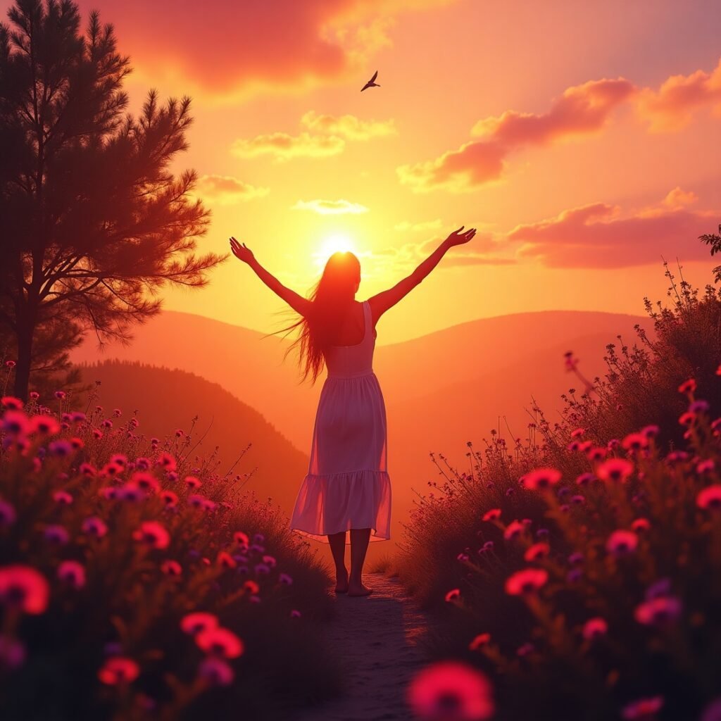 Silhueta orando ao pôr do sol buscando palavras de Deus para momentos de tristeza e desânimo