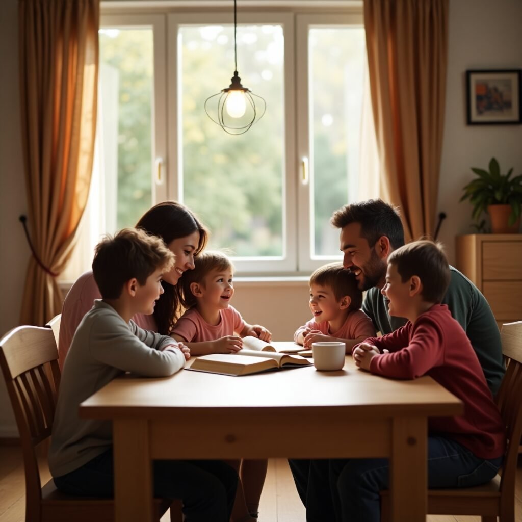 Família lendo mensagens cristãs curtas e fortalecendo os laços de amor e fé