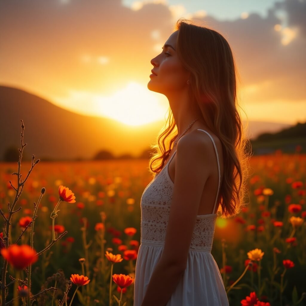 Mulher cristã orando ao amanhecer com frases cristãs para dias de provação