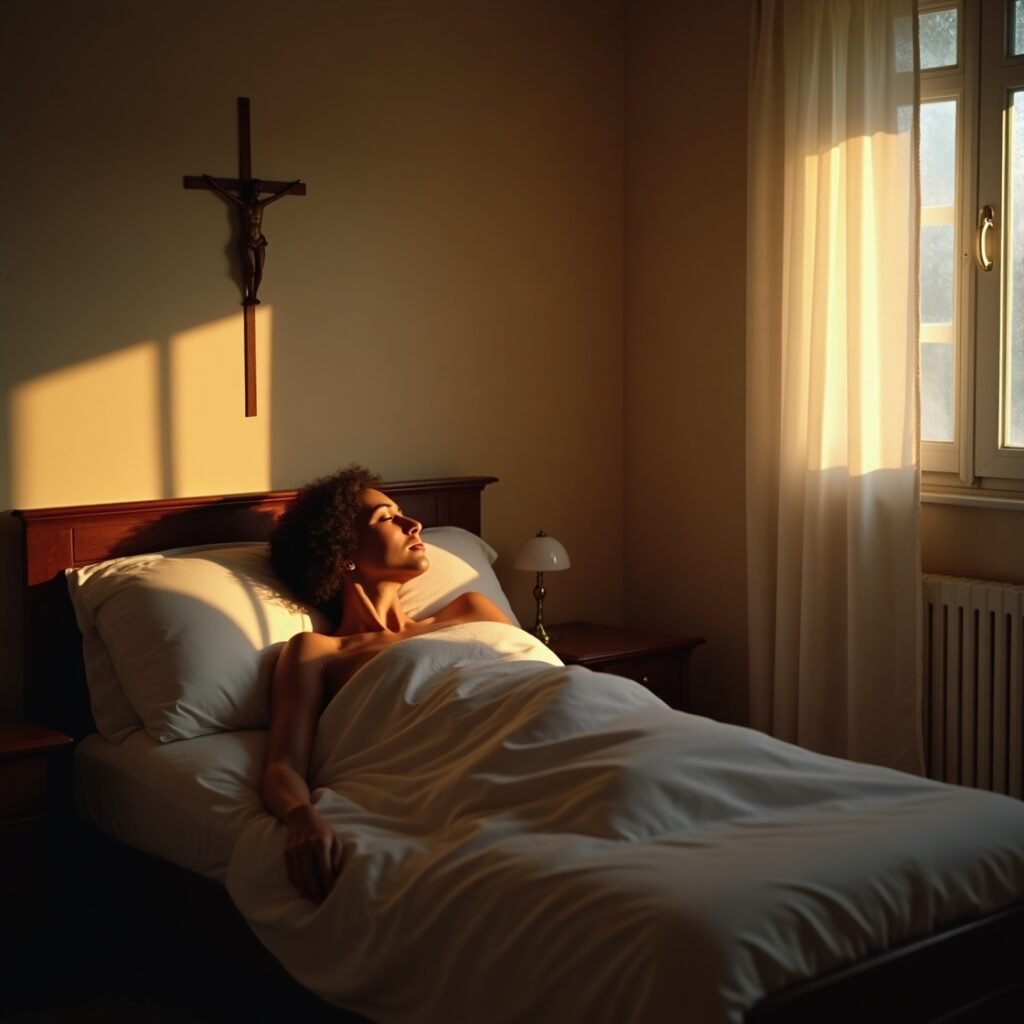 Mulher praticando afirmações cristãs para dormir em paz com Deus em seu quarto