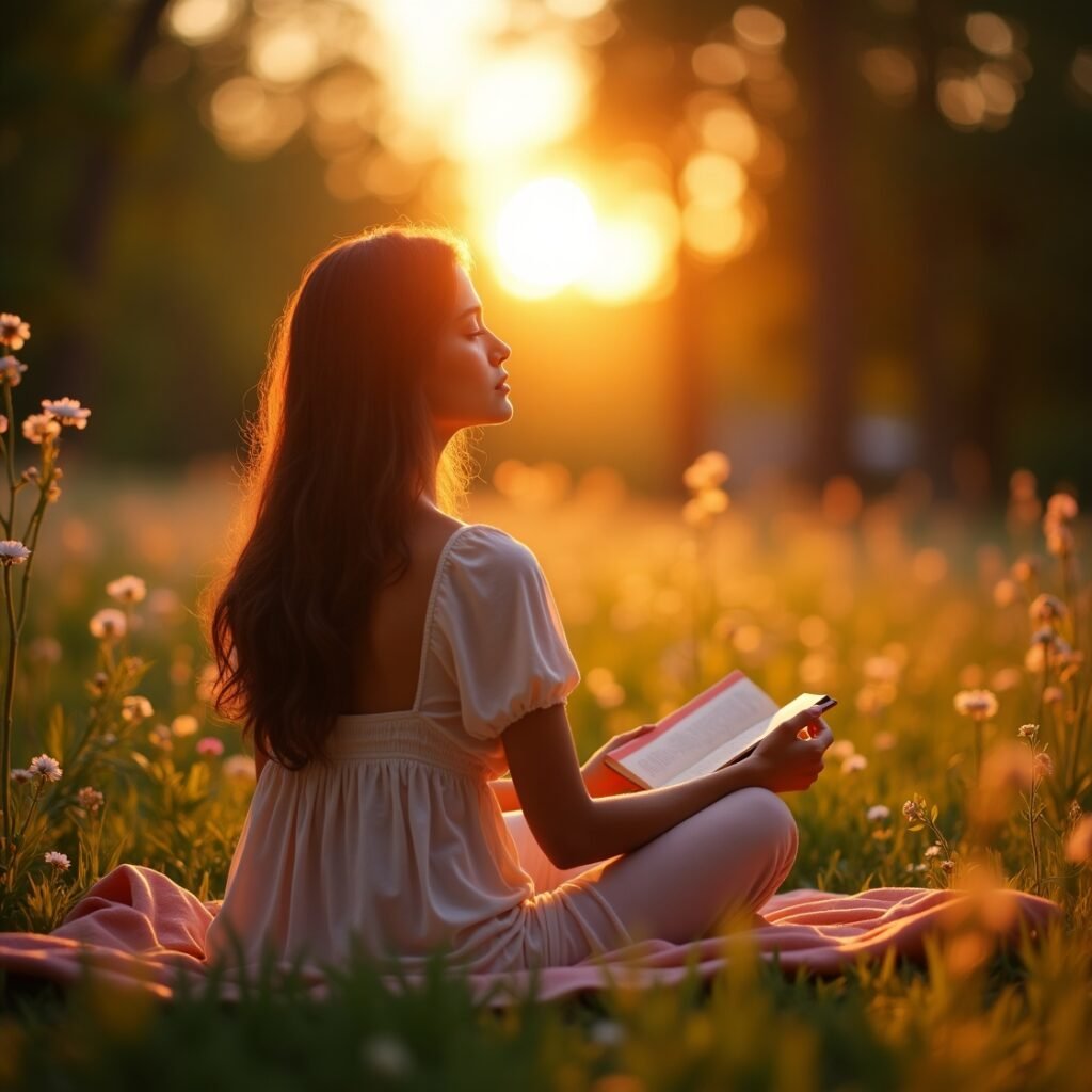 Mulher meditando em afirmações bíblicas ao amanhecer com Bíblia aberta