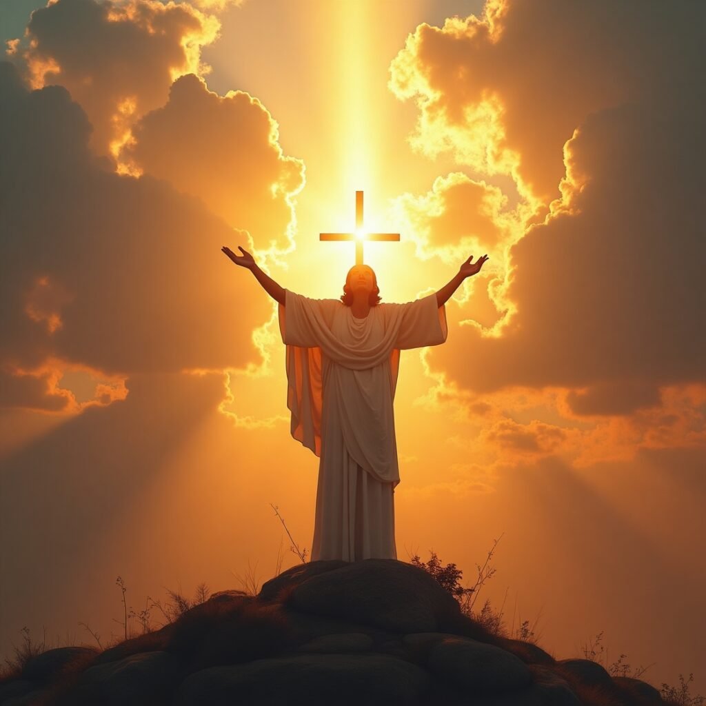 Pessoa celebrando vitória em Cristo com braços erguidos ao céu dourado