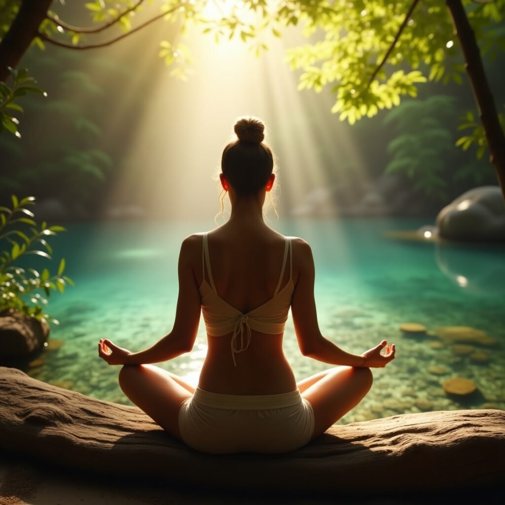 Pessoa praticando silêncio espiritual em meditação profunda na natureza