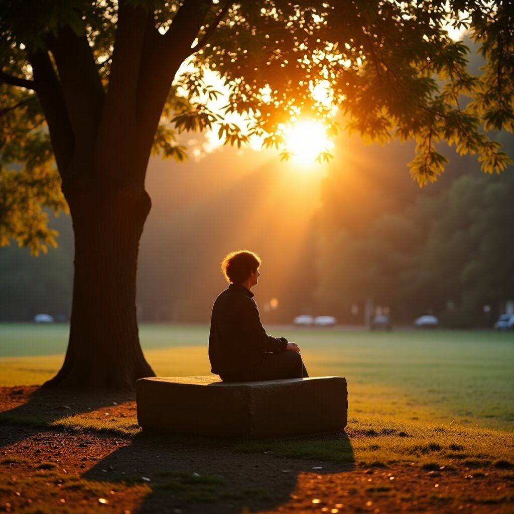 Pessoa meditando em frases bíblicas de encorajamento ao amanhecer