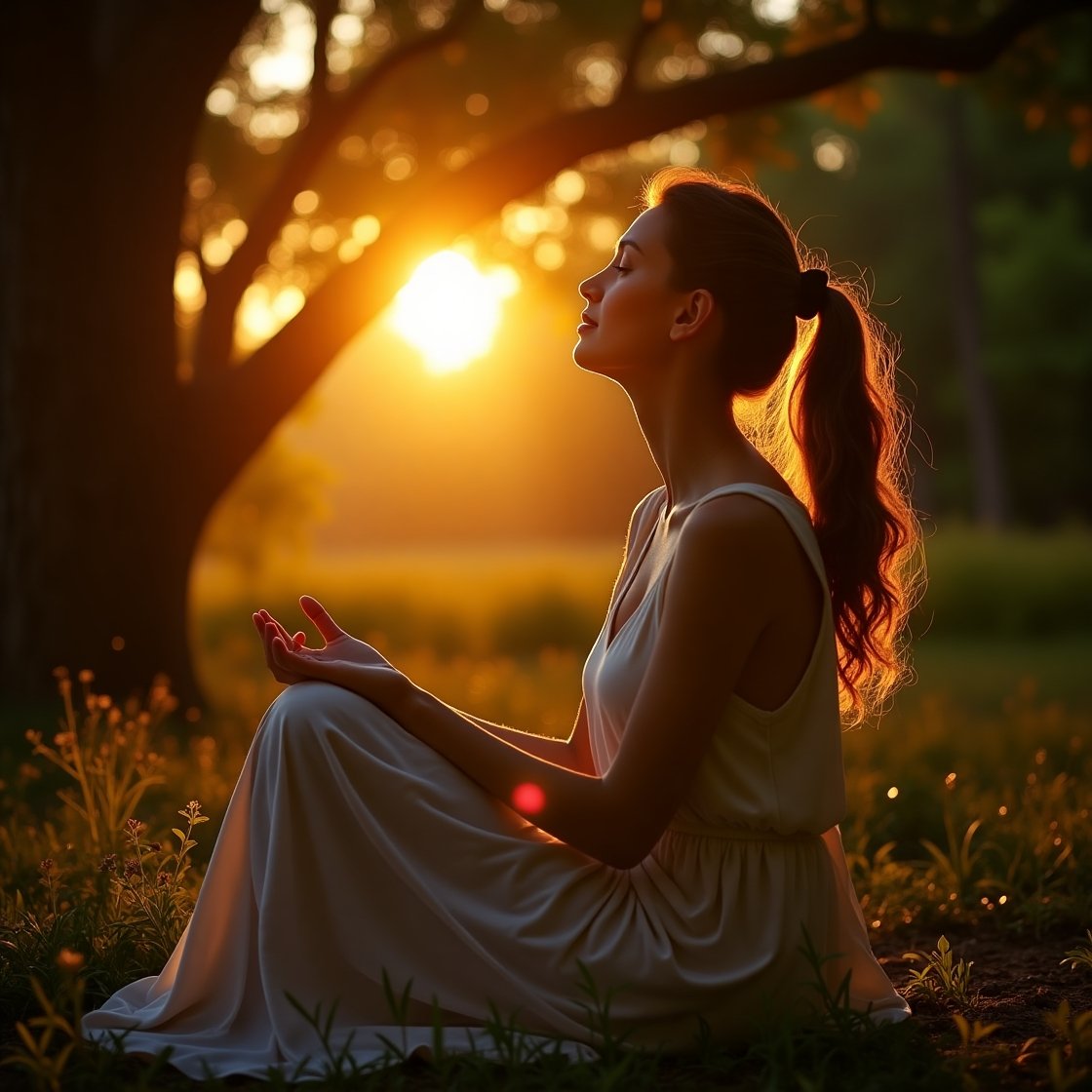 Pessoa meditando nas palavras de Deus para momentos de tristeza e desânimo em jardim iluminado pelo sol