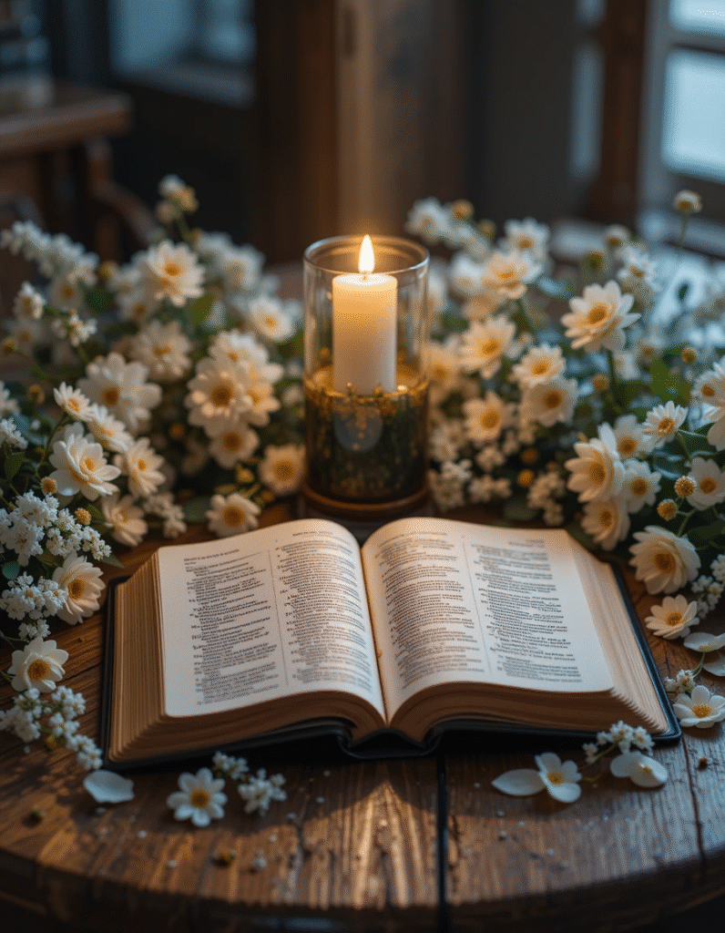 Bíblia aberta mostrando frases de vitória em Cristo com luz divina