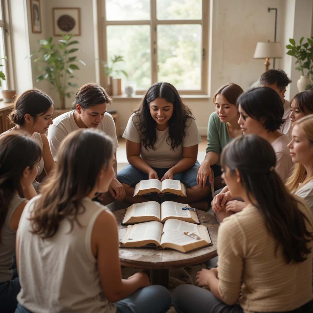 Comunidade estudando frases de sabedoria bíblica para superar desafios em grupo de apoio espiritual