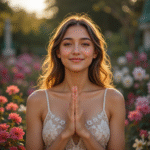Mulher orando para atrair amor verdadeiro com Deus ao nascer do sol