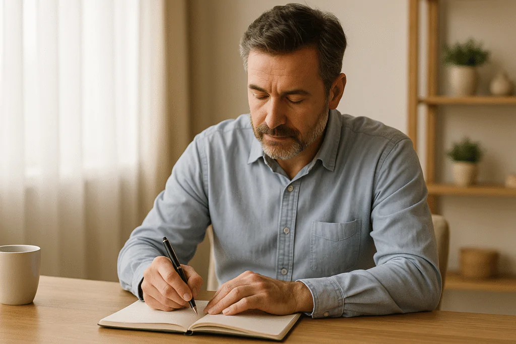 Homem refletindo e escrevendo em caderno, cultivando pensamentos de fé e autoconhecimento com propósito cristão